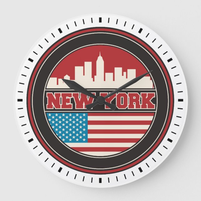 Grande Horloge Ronde New York Skyline | Drapeau des États-Unis (Recto)