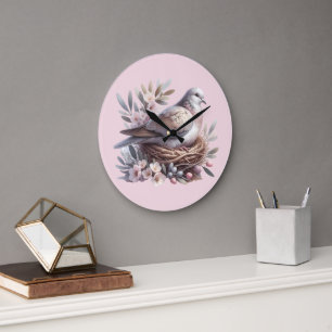 Grande Horloge Ronde Nid de colombe rousse avec fleurs et branches d'ol