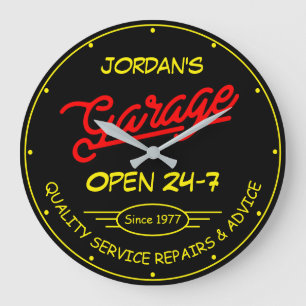 Grande Horloge Ronde N'importe quel nom Garage Date Jaune Rouge Rétro 