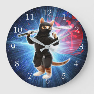 Grande Horloge Ronde Ninja Chat dans l'espace.