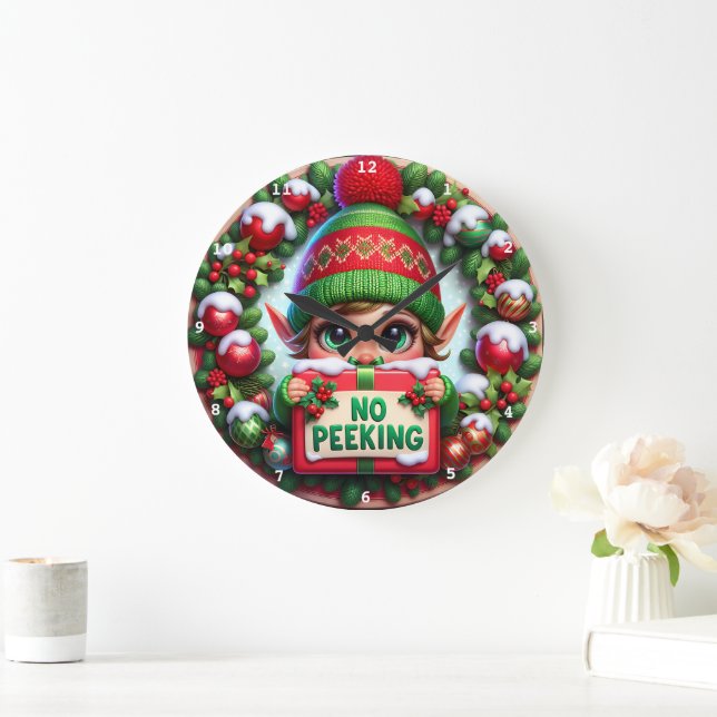 Grande Horloge Ronde No Peeking Elf" - Mur de Noël Jouant (Maison)