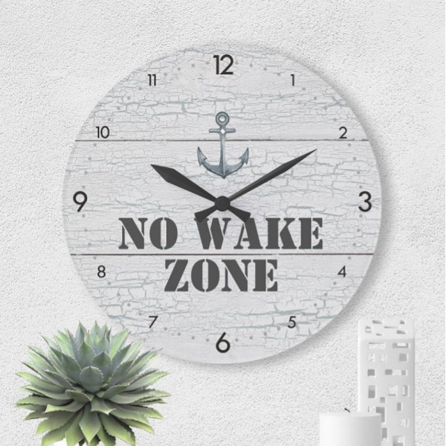 Grande Horloge Ronde No Wake Zone Cracked Wood + Ancre Nautique (No Wake Zone ⏰ Crackled Wood Nautical Large Clock
)