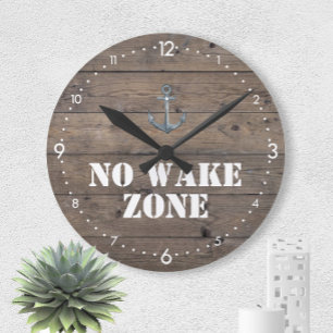 Grande Horloge Ronde No Wake Zone Rustic Dark Wood + Anchor Nautical