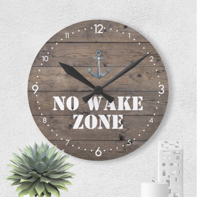 Grande Horloge Ronde No Wake Zone Rustic Dark Wood + Anchor Nautical (Créateur téléchargé)