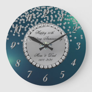 Grande Horloge Ronde Noces d'argent Diamants Vert 25e Anniversaire de M