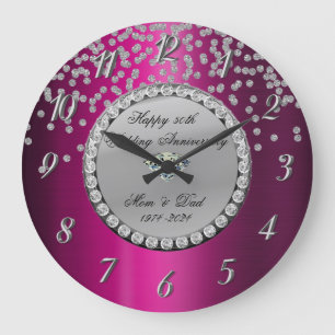 Grande Horloge Ronde Noces d'argent Diamants Violet 25e Anniversaire de