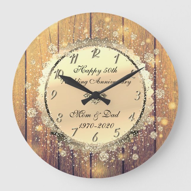 Grande Horloge Ronde Noces de Bois, Confettis Or 50 ans de Mariage (Recto)