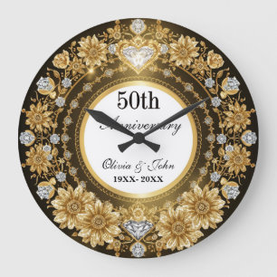 Grande Horloge Ronde Noces de Diamants et d'Or 50e Anniversaire de Mari