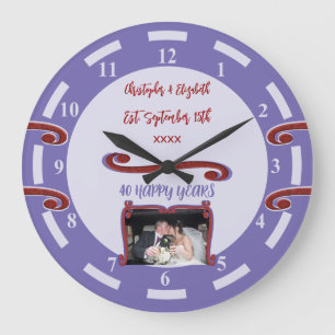 Grande Horloge Ronde Noces de rubis 40 ans ajouter noms photo violet