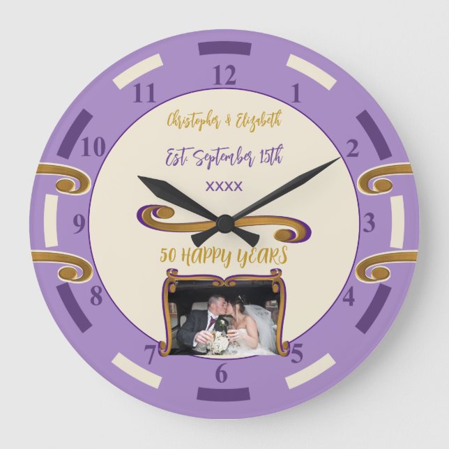 Grande Horloge Ronde Noces d'or 50 ans ajouter noms photo violet (Recto)