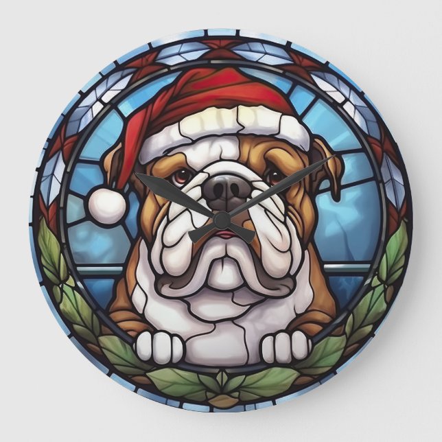 Grande Horloge Ronde Noël à Bulldog en verre tendu (Recto)