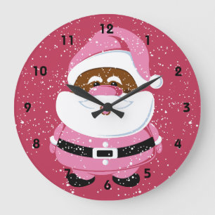 Grande Horloge Ronde Noël au Père Noël afro-américain rose mignon