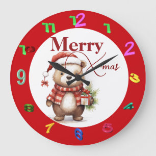Grande Horloge Ronde Noël avec un ours en peluche
