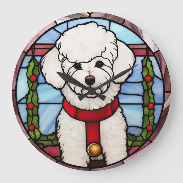 Grande Horloge Ronde Noël Bichon Frise en verre tendu (Recto)