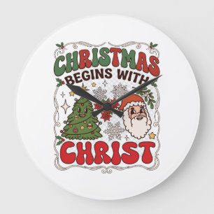 Grande Horloge Ronde Noël Commence Christ Père Noël Arbre Flocon de Nei