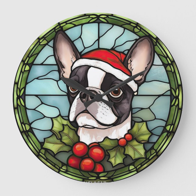 Grande Horloge Ronde Noël de Boston Terrier en verre teint (Recto)