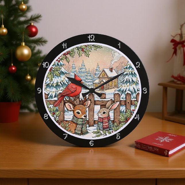 Grande Horloge Ronde Noël des cerfs, des lapins et des cardinaux (Créateur téléchargé)
