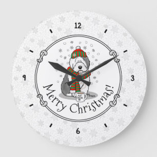 Grande Horloge Ronde Noël d'hiver Vieux anglais Chien de mouton gris 1
