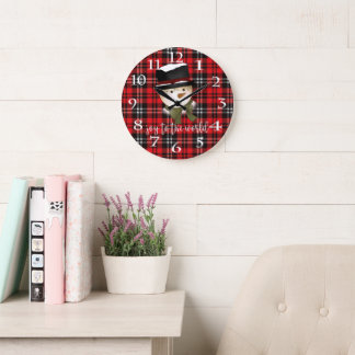 Grande Horloge Ronde Noël Fêtes Rouge et Noir Tartan Snowman