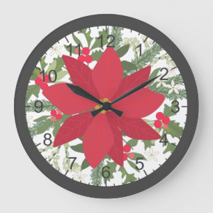 Grande Horloge Ronde Noël Floral Rouge Poinsettia