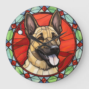 Grande Horloge Ronde Noël Malinois Belge en Verre