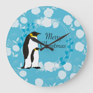 Grande Horloge Ronde noël, noël, pingouin, fleurs, bleu,
