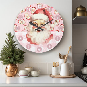 Grande Horloge Ronde Noël Rétro Santa Claus Rose et blanc Plaid