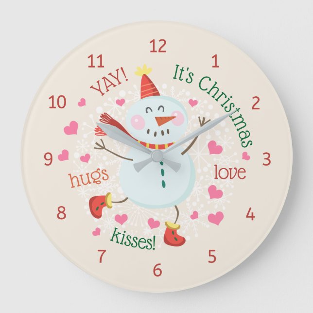 Grande Horloge Ronde Noël Snowman Hugs Love Kisses (Recto)