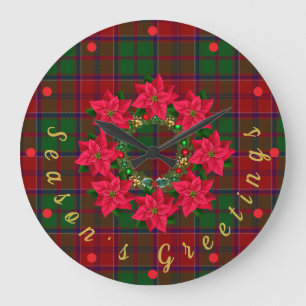 Grande Horloge Ronde Noël Tartan Poinsettia rouge