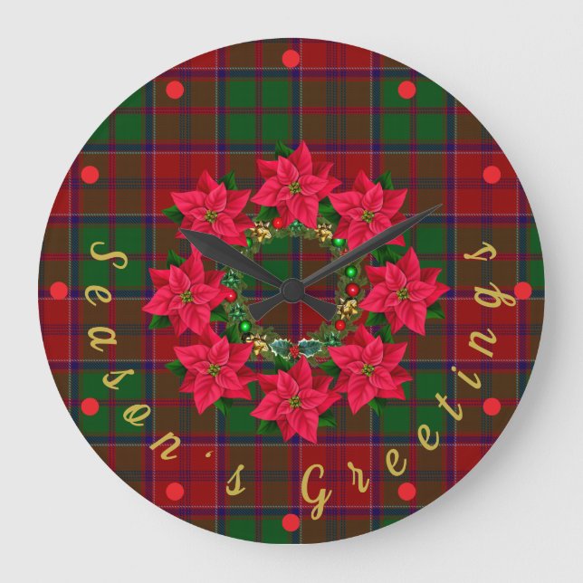 Grande Horloge Ronde Noël Tartan Poinsettia rouge (Recto)