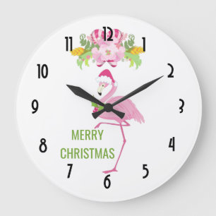 Grande Horloge Ronde Noël tropical Flamant rose rose