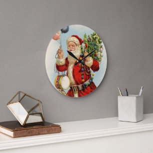 Grande Horloge Ronde Noël vintage, ballons du Père Noël victorien