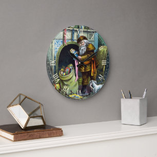 Grande Horloge Ronde Noël vintage, bas du Père Noël avec jouets
