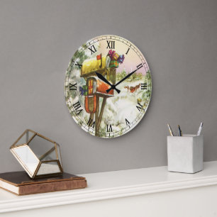 Grande Horloge Ronde Noël vintage, boîtes aux lettres dans un paysage h