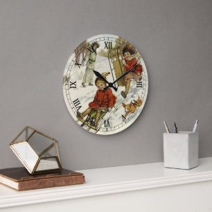 Grande Horloge Ronde Noël Vintage, Enfants Victoriens Dormir Chien