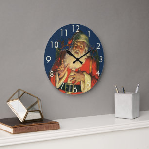 Grande Horloge Ronde Noël vintage, joyeux Père Noël avec des jouets
