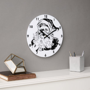 Grande Horloge Ronde Noël vintage, joyeux Père Noël rétro, noir