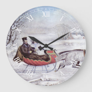 Grande Horloge Ronde Noël vintage, La route d'hiver, Traîneau à cheval