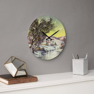 Grande Horloge Ronde Noël vintage, lac gelé avec patineurs