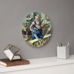 Grande Horloge Ronde Noël vintage, le Père Noël construisant des jouets