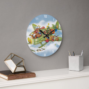 Grande Horloge Ronde Noël vintage, le Père Noël vole un avion