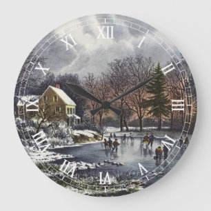 Grande Horloge Ronde Noël vintage, Patineurs de début d'hiver sur un ét