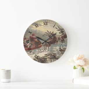 Grande Horloge Ronde Noël vintage, Père Noël victorien à Sleigh
