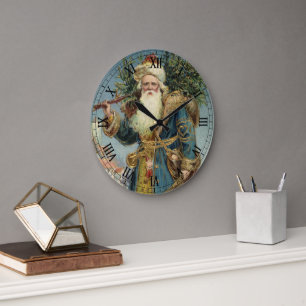 Grande Horloge Ronde Noël vintage, Père Noël victorien avec arbre