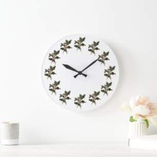 Grande Horloge Ronde Noël vintage, plante de houx vert avec baies