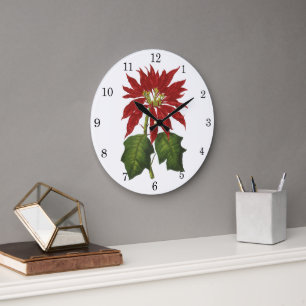 Grande Horloge Ronde Noël vintage, poinsettia rouge plante d'hiver
