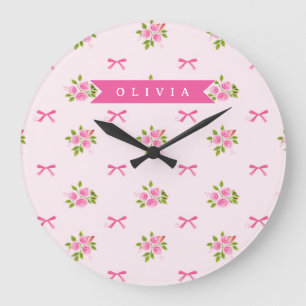 Grande Horloge Ronde Nœud Floral Féminin Coquette Rose Personnalisé