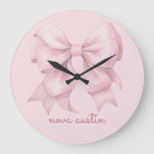 Grande Horloge Ronde Nœud Rose Tendance Personnalisé Avec Nom Monogramm
