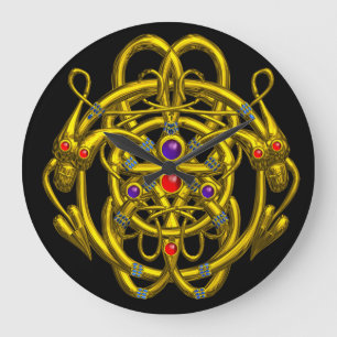 GRANDE HORLOGE RONDE NOEUDS CELTIQUES D'OR AVEC DRAGONS DOUCES
