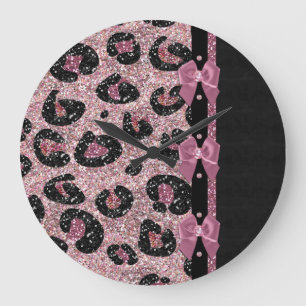 Grande Horloge Ronde Nœuds en ruban imprimé léopard rose RAB Rockabilly